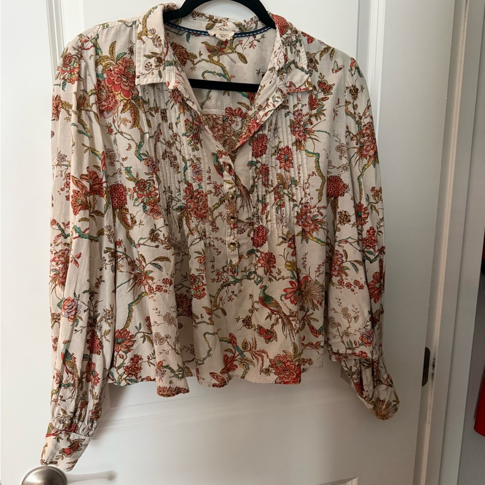 Pilcro Floral Pintuck Button-Front Blouse in Cream and Rust